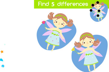 Find the differences educational children game with answer. Kids activity with elf fairy girl