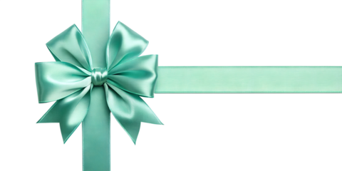 Large mint green bow on the left side of a straight ribbon, isolated on a transparent background - ideal for banners or frames for Easter, Christmas, birthdays, gifts, Valentine's Day