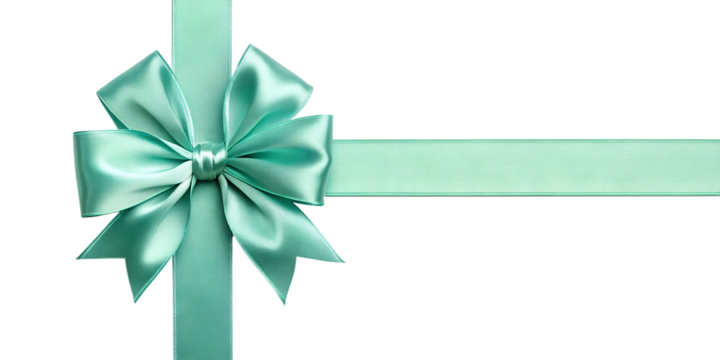 Large mint green bow on the left side of a straight ribbon, isolated on a transparent background - ideal for banners or frames for Easter, Christmas, birthdays, gifts, Valentine's Day