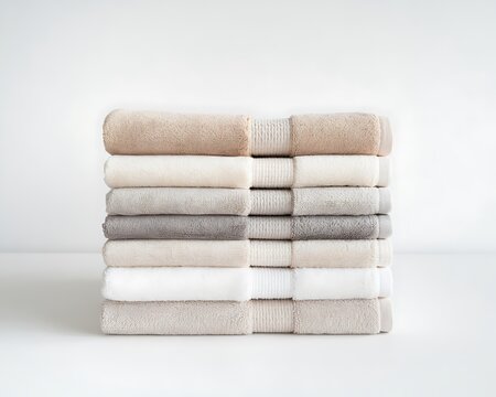 Stack of soft cotton towels neatly folded in neutral tones. Clean textile display, bathroom hygiene, spa comfort, minimalist home decor.