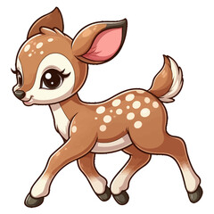 Charming cartoon illustration of a cute, light brown fawn with white spots, big adorable eyes, and a gentle expression, taking a step. Represents adorable animals, forest wildlife, and children's them