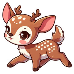 Charming cartoon illustration of a cute, light brown fawn with white spots, big adorable eyes, and a gentle expression, taking a step. Represents adorable animals, forest wildlife, and children's them