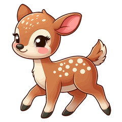 Charming cartoon illustration of a cute, light brown fawn with white spots, big adorable eyes, and a gentle expression, taking a step. Represents adorable animals, forest wildlife, and children's them