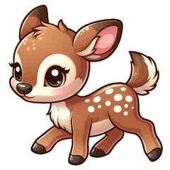 Charming cartoon illustration of a cute, light brown fawn with white spots, big adorable eyes, and a gentle expression, taking a step. Represents adorable animals, forest wildlife, and children's them