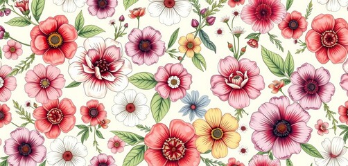 Naklejka premium Hand-drawn floral seamless patterns, various blooms, intricate details, perfect for textile design, surface pattern, flower pattern