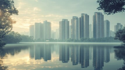 Fototapeta premium Towering high-rises mirrored on a smooth lake