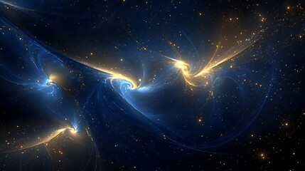 Glowing blue trails elegantly merging with golden dust particles floating in darkness