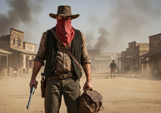 Man with bandana covering his face stands on street in a western town holding gun and satchel bag for crime novel, wild west adventure story and theatrical staging
