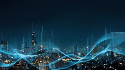 Fototapeta premium Smart City Connection and Big Data Technology Background at Night