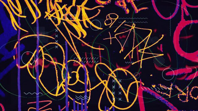 Colorful scribbles fast motion overlay background on dark background. 4K Quality Footage