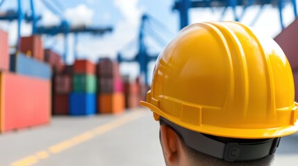 Engineers and businessmen in hardhats inspecting vehicle standards at shipping yard industrial setting professional view