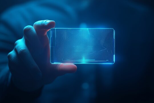 Hand holding futuristic digital identity card. Cyber security access virtual system management concept. Modern tech interface, data protection in network, innovative technology, secure online