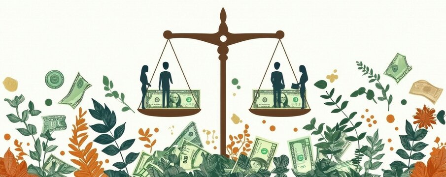 Balance scale depicting wage equality surrounded by flourishing nature and money