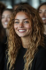 Obraz premium Smiling woman with curly hair in a joyful group setting