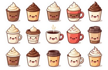 A cute kawaii-style digital sticker of a set of 10 happy coffee cups, transparent background