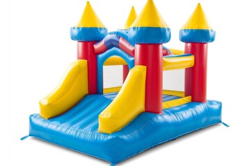 Inflatable colorful castle featuring blue roof, yellow walls, red base. Safe entertainment for children to jump, slide, play, bounce on playground. Joyful summer activity on birthday party, holiday.