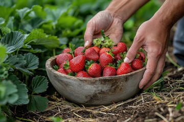 Hands Harvesting Fresh Strawberries in Wooden Bowl Outdoors