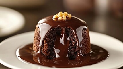 Chocolate lava cake with molten chocolate center, gooey chocolate spilling out from the cake