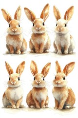 Fototapeta premium Six adorable rabbits depicted in a soft watercolor artistic style