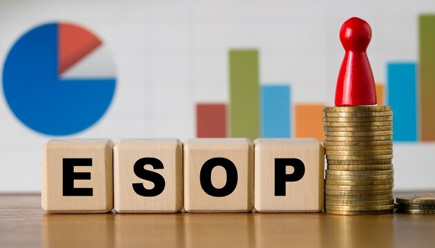 A visual representation of employee stock ownership plans (ESOP) with blocks, coins, and graphs indicating financial growth.