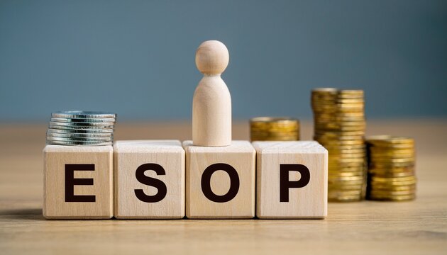 Image shows wooden blocks spelling "ESOP" with a figure and stacks of coins, symbolizing employee stock ownership plans and financial growth.