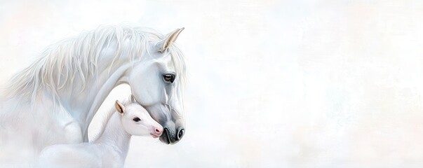 Fototapeta premium Watercolor of mother and baby animals Gentle horses share a tender moment, showcasing their bond and beauty in soft tones.