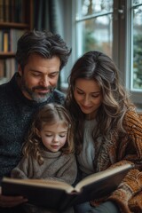 Obraz premium Family sharing a moment reading a book in a cozy home setting