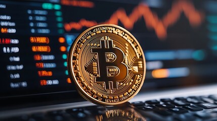 A golden bitcoin coin rests on a computer keyboard, amidst a backdrop of fluctuating financial data.