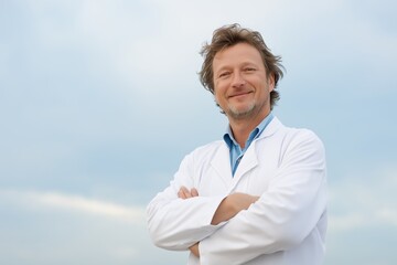 man wearing white coat stands outdoors with arms crossed and smile on his face