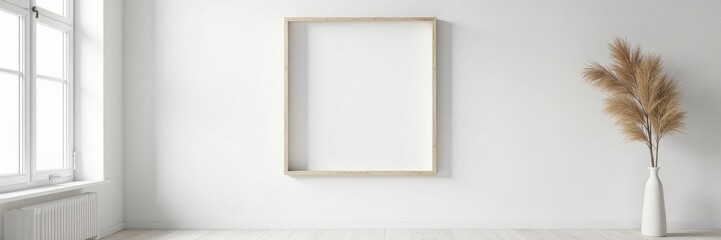 Empty white wooden frame on white wall Minimalist interior design , design, modern