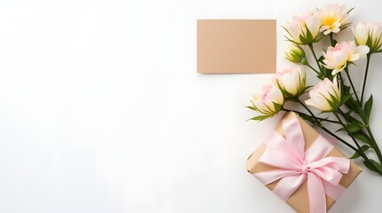 Flat Lay of Card, Gift, and Flowers