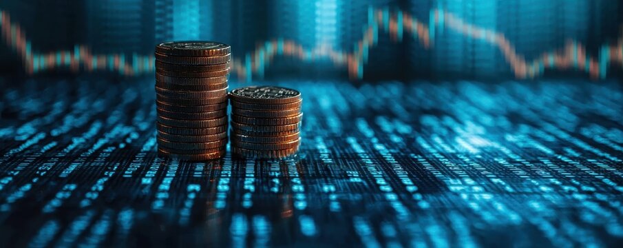 Stacks of coins on a financial chart background with a digital effect