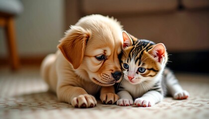 Adorable puppy and kitten snuggling, playful mood, resting together on a cozy carpet