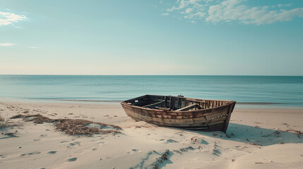 Fototapeta premium Small Wooden Boat Floating on Tranquil Blue Sea, Peaceful Ocean Scene with Clear Sky and Coastal Serenity