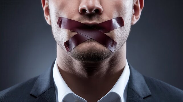 Muted Expression: Businessman Silenced with Adhesive Tape Across His Mouth