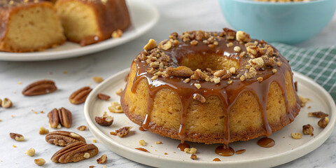 Golden bundt cake, caramel glaze, chopped nuts, rustic wooden table, white ceramic plate, linen napkin, warm lighting, food photography, shallow depth of field, comfort food, homemade dessert, autumn 