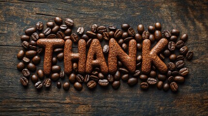 Creative arrangement of chocolate letters spelling 'THANK' surrounded by coffee beans on wooden background.