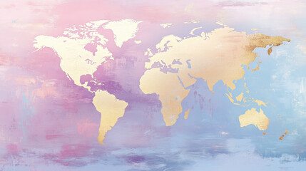 World map displayed in soft gradient of muted pink with golden outlines of continents against a pastel background for a calming aesthetic