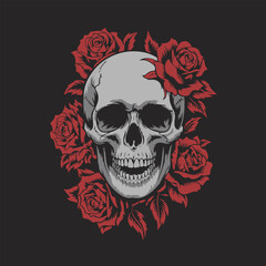 Gothic Skull with Red Roses Vector Illustration 