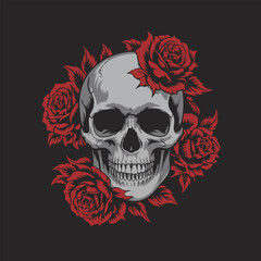 Gothic Skull with Red Roses Vector Illustration 