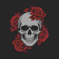 Gothic Skull with Red Roses Vector Illustration 