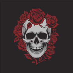 Gothic Skull with Red Roses Vector Illustration 