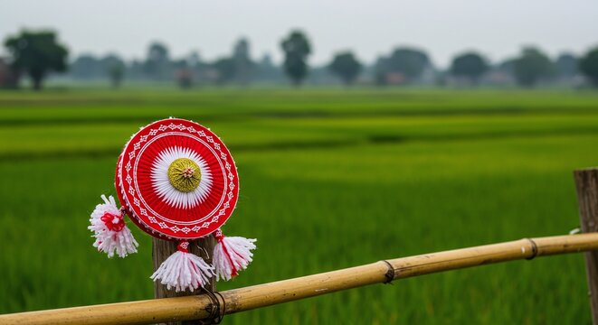 Red Assamese japi placed outdoors on wooden pole amidst rural scenery representing traditional celebration of Rongali Bihu.