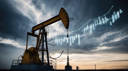 a conceptual representation of energy finance, industrial oil pump framed by a dramatic sky, with translucent digital candlestick graphs hovering over, symbolizing oil futures