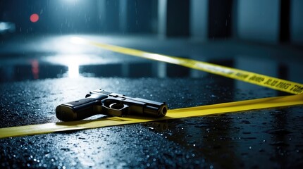 A handgun rests beside police tape on wet pavement at night