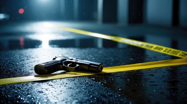 A handgun rests beside police tape on wet pavement at night