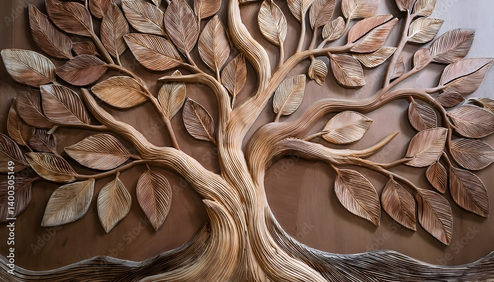 Poster tree artwork with textured leaves and branches on a wooden background