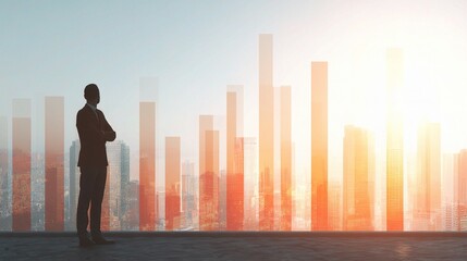 Confident Business Leader Overlooking Urban Skyline at Sunrise