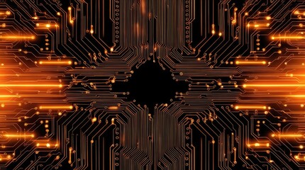 Abstract orange and black digital background featuring intricate circuitry patterns and glowing lines