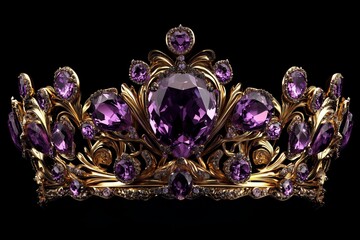 Ornate golden royal crown with large purple gemstones. Symbol of power luxury royalty. Diadem, jewelry, precious jewels, wealth, prosperity, leadership, kingdom, high society, celebration